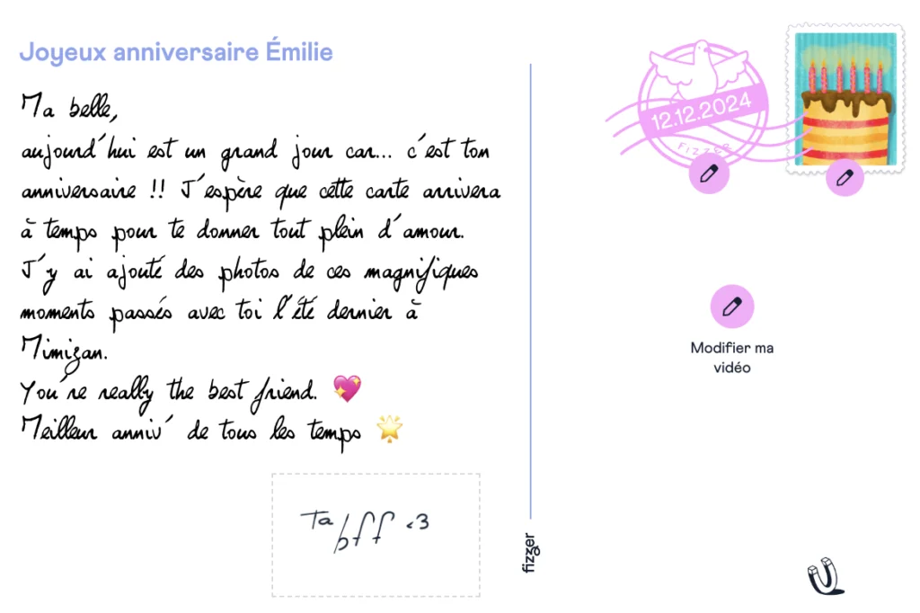 carte postale anniversaire texte pour Émilie