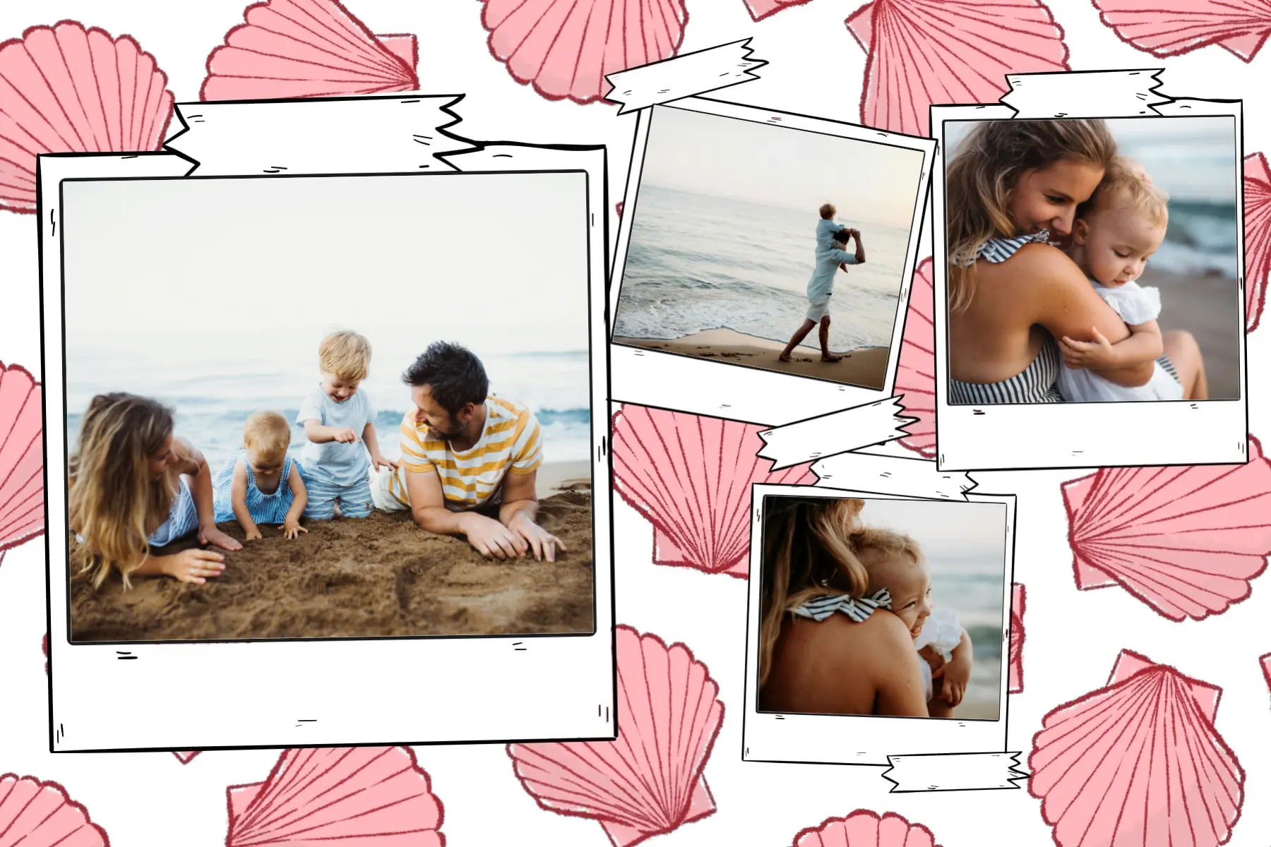 vacances en famille a la mer sur une carte postale coquillage rose